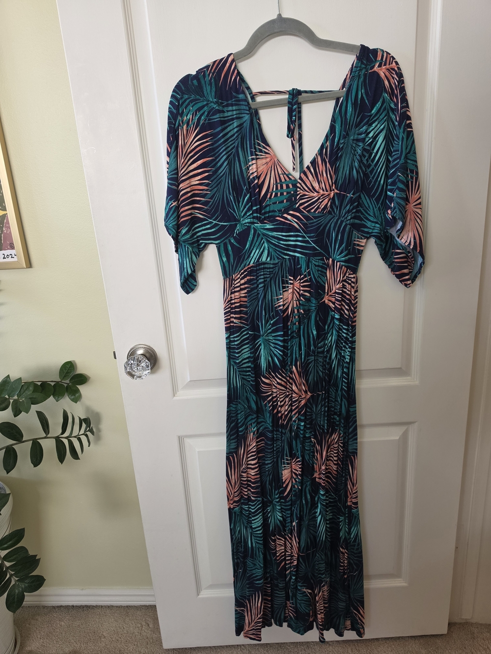 APRICOT Navy Maxi Dress with Teal and Coral Palm Print